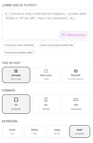 Configuración principal de ViralPostMaker con prompt, tipo de post, formato y extensión