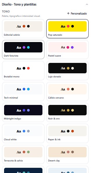 Opciones de diseño, colores y tonos visuales en ViralPostMaker