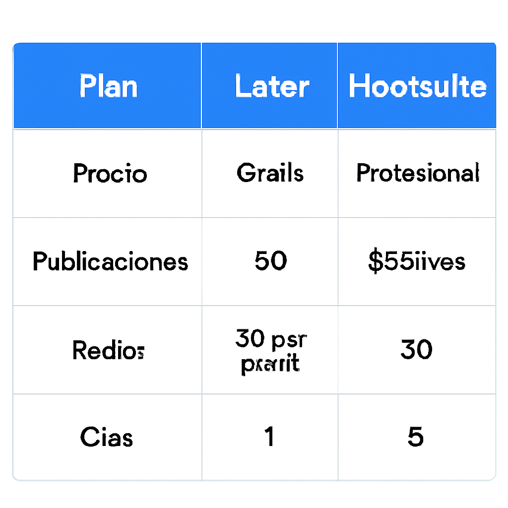 Tabla comparativa de precios y planes entre Later y Hootsuite